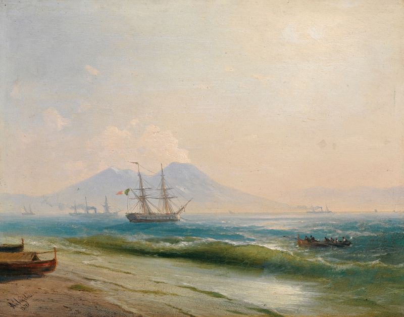 View Of Mount Vesuvius, oil on canvas by Ivan Konstantinovich Aivazovsky, depicting waves and horizon.