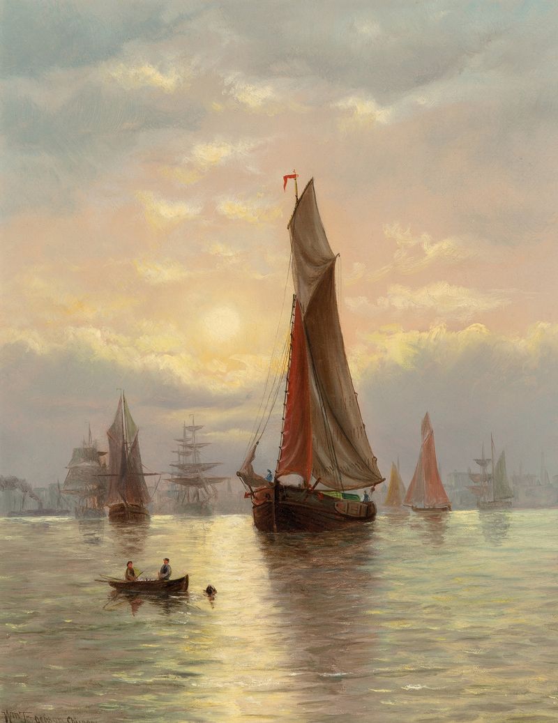 Harbor Scene de William Torgerson, pintura al óleo que muestra barcos en el agua al atardecer