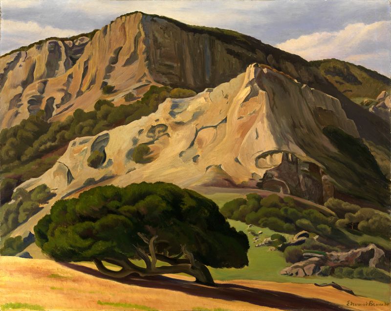 Oaks and Rocks–San Luis Obispo by Edward Bruce, oil on canvas depicting rocks and foliage.