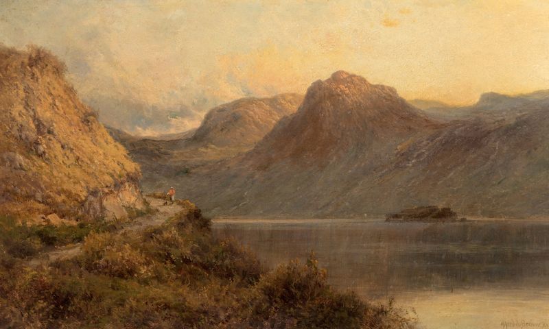 Loch Lomond de Alfred de Bréanski, pintura al óleo de aguas serenas y montañas.