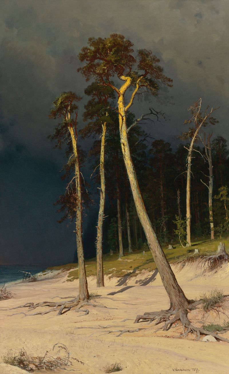 Sandy Coastline by Ivan Ivanovich Shishkin, oil painting of a serene beach scene.