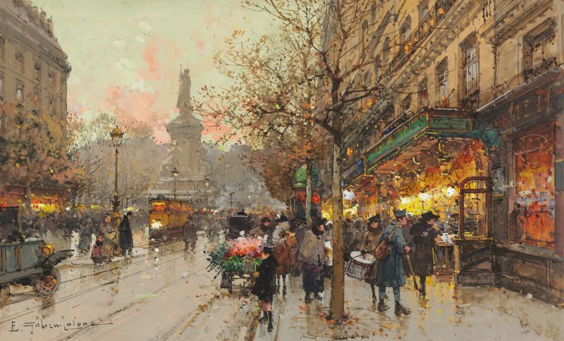 Place De La République by Eugène Galien-Laloue, oil on canvas depicting a bustling square at twilight.