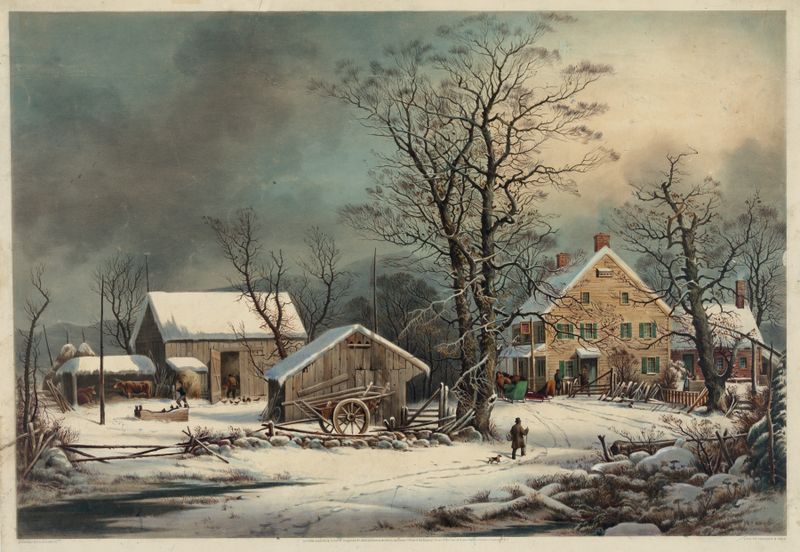 Lithograph by Currier & Ives depicting a snowy rural scene.