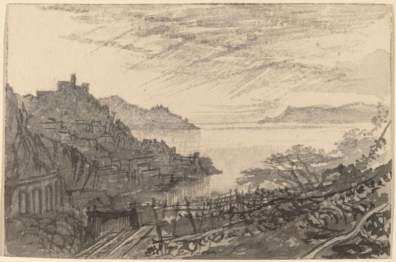 View of a Bay from a Hillside por Edward Lear, óleo sobre tela retratando colinas e água tranquila.