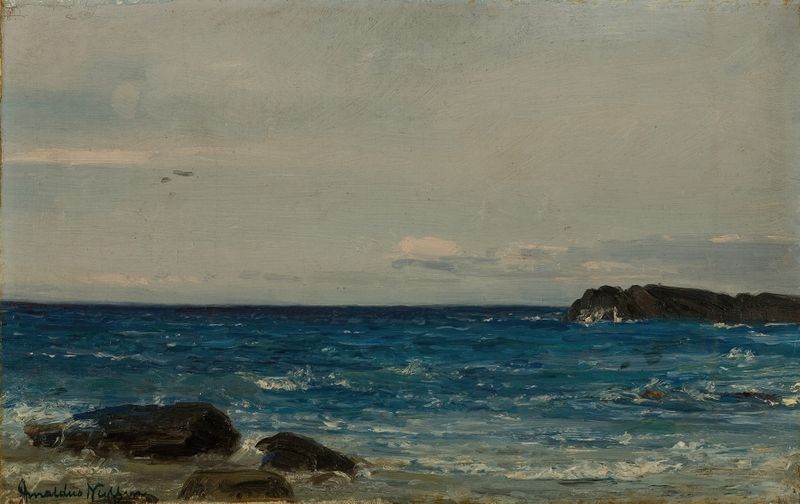 Landscape by Amaldus Nielsen, depicting hills and greenery, oil painting, 1892