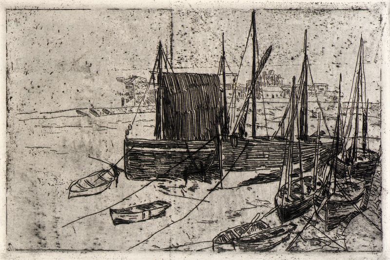 Boats at Port Erin–Isle of Man de Julian Alden Weir, óleo mostrando veleiros na água