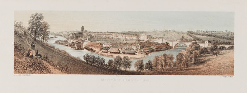 Paisagem de colinas e folhagem em 'Berne vue de la route de Thoune' de Jean Jacottet, meio desconhecido.