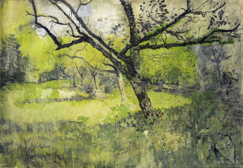 Orchard at Eemnes, pintura a óleo de Richard Nicolaüs Roland Holst representando uma paisagem exuberante com luz dourada.