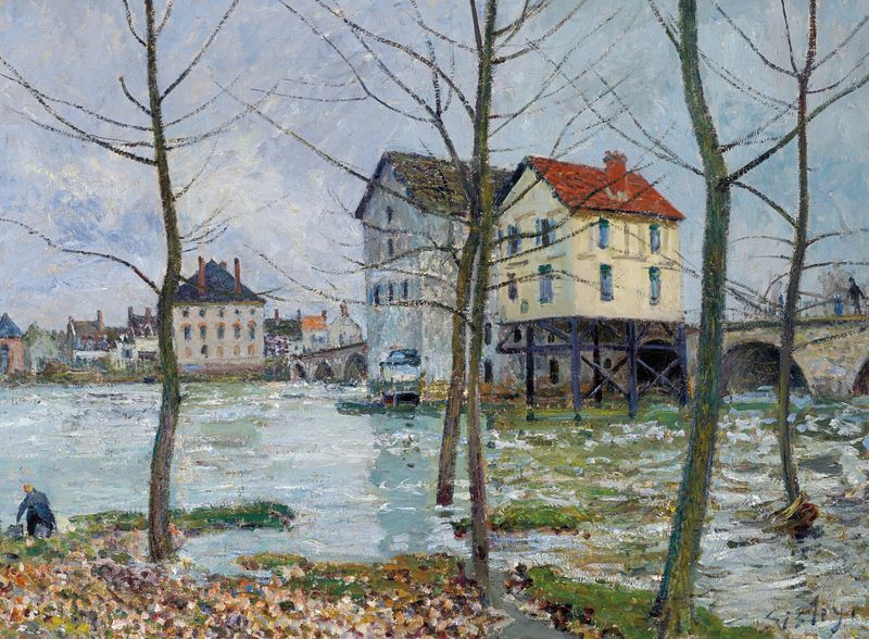 Paisaje invernal con un molino, óleo sobre lienzo de Alfred Sisley