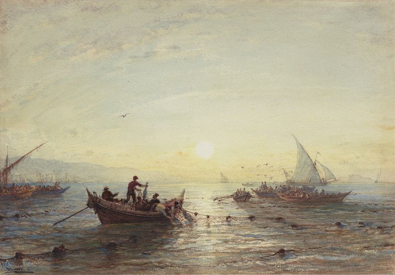 Tuna fishing at sunrise off the coast near Marseilles, oil on canvas by Félix Ziem