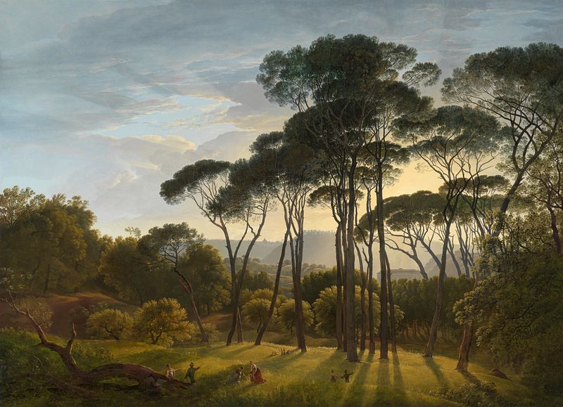 Italian Landscape with Umbrella Pines, oil on canvas by Hendrik Voogd, featuring pines and figures at sunset.