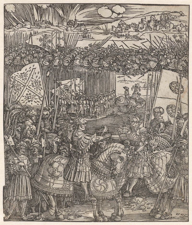 Cena histórica de Maximiliano I e Henrique VII em um pacto solene, gravura de Albrecht Dürer