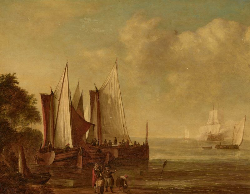 Balsas navegantes en la costa con figuras en la orilla, óleo de Lieve Pietersz. Verschuier