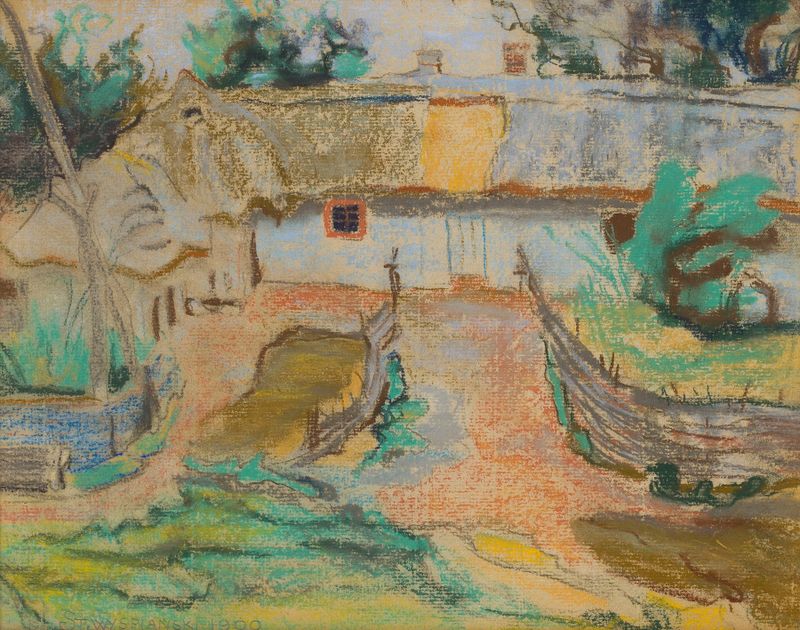 Farm in Konary by Stanisław Wyspiański, a landscape with a farmhouse and fields illuminated by sunlight.