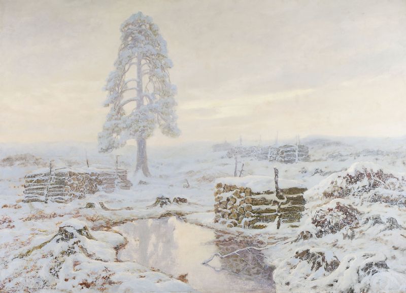 Winter landscape by Józef Rapacki, depicting a snowy scene with a serene horizon, oil painting