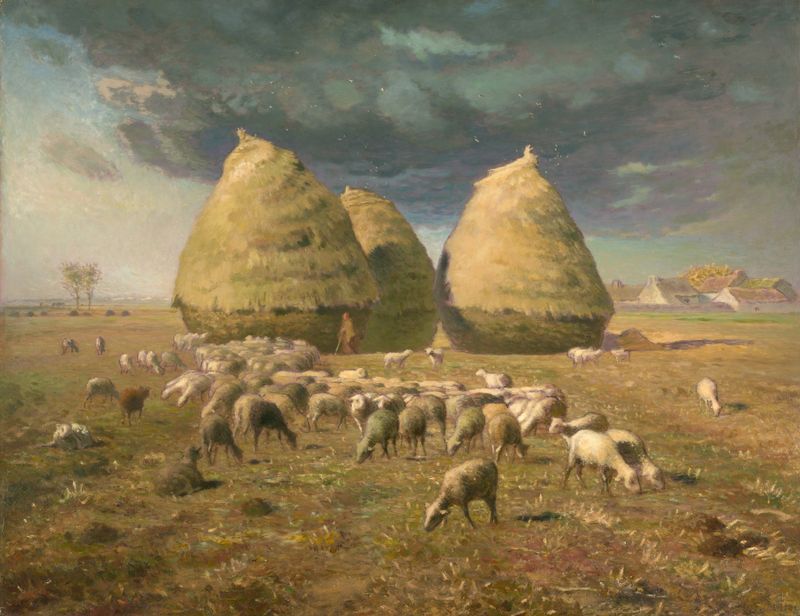 Haystacks; Autumn by Jean-François Millet, oil painting of a rural landscape.