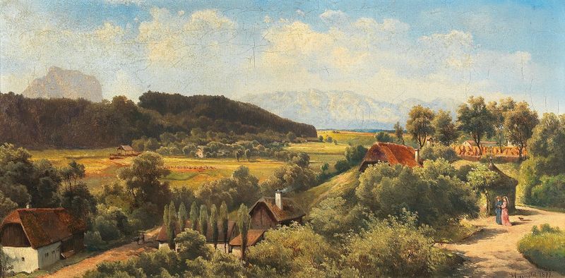 Landscape featuring mountains and a castle by Carl Franz Emanuel Haunold