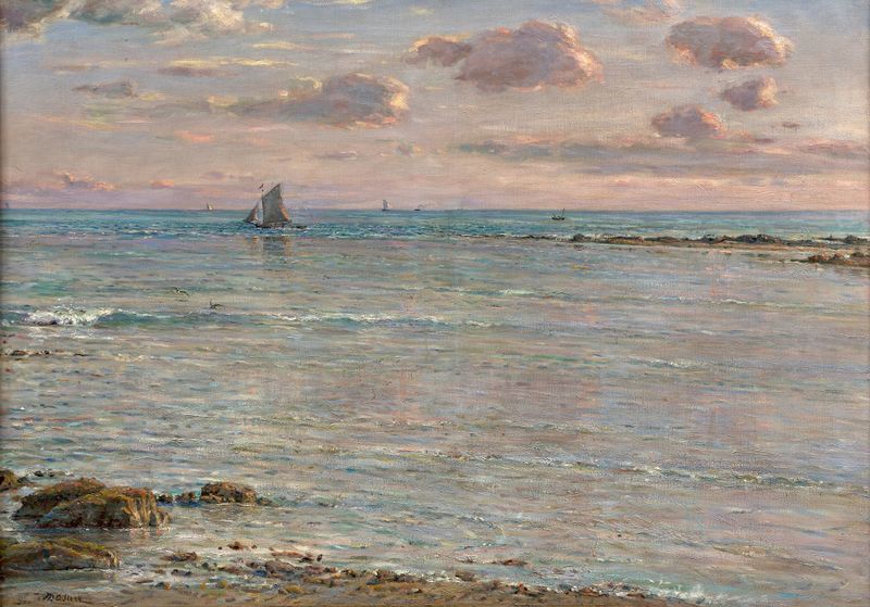 Paisaje impresionista de Jules Masuré, que muestra un atardecer sobre aguas tranquilas.