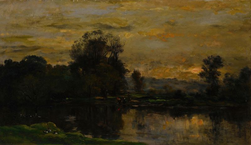 Landscape with Ducks by Charles François Daubigny, oil on canvas depicting a tranquil pond at sunset
