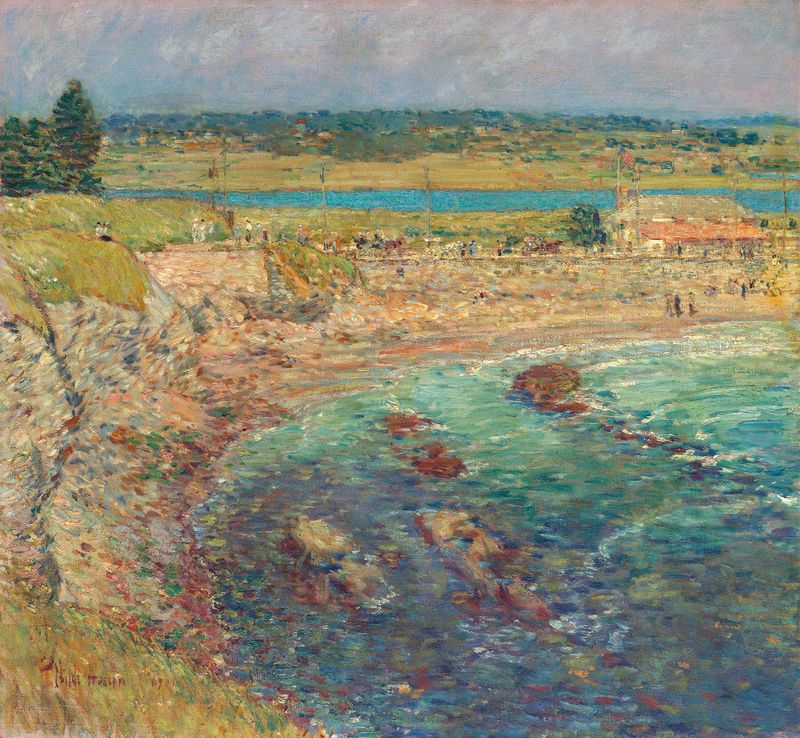 Cena marinha com ondas ao pôr do sol, pintura a óleo de Childe Hassam