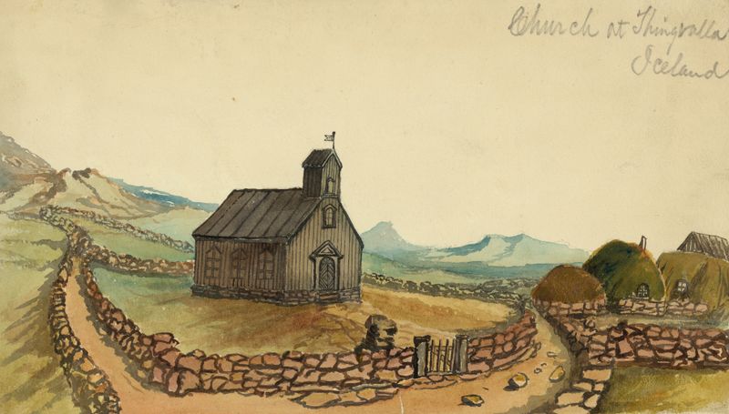 Church at Thingvalla Iceland by Bayard Taylor, oil painting depicting a church in a serene landscape.