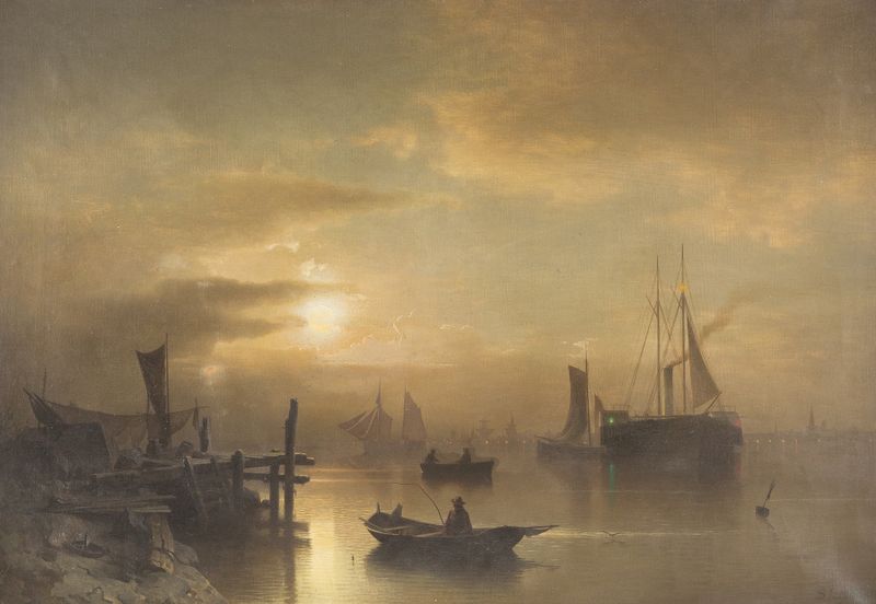Noite de Lua Cheia sobre o Porto, óleo sobre tela de Sophus Jacobsen