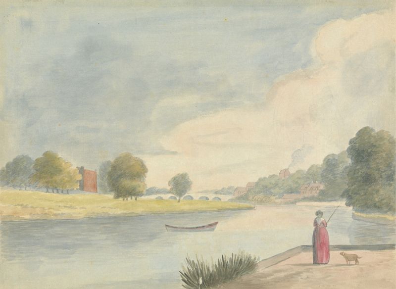 Woman Fishing, oil on canvas by Edward Francis Burney, shows a woman fishing under a dappled sky.