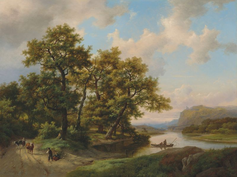 Boats on a lake, landscape, by Marinus Adrianus Koekkoek