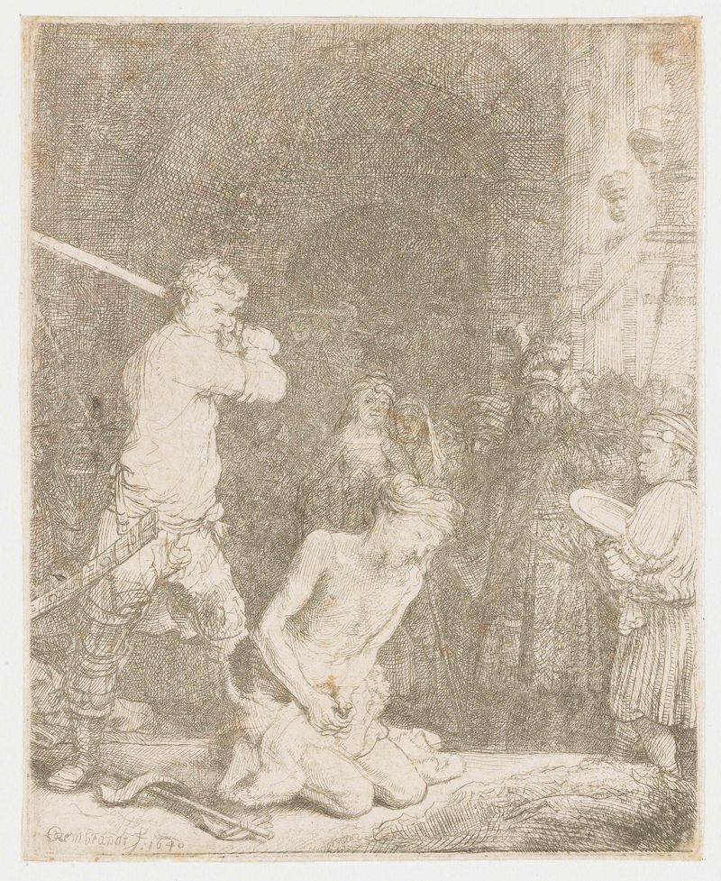A decapitação de São João Batista, gravura de Rembrandt van Rijn, apresentando luz e sombra dramáticas.