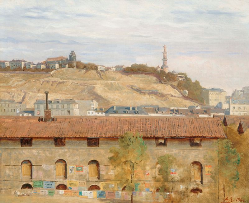 Paisagem representando Montmartre com árvores e luz do sol de Alfred Auteroche, 1866