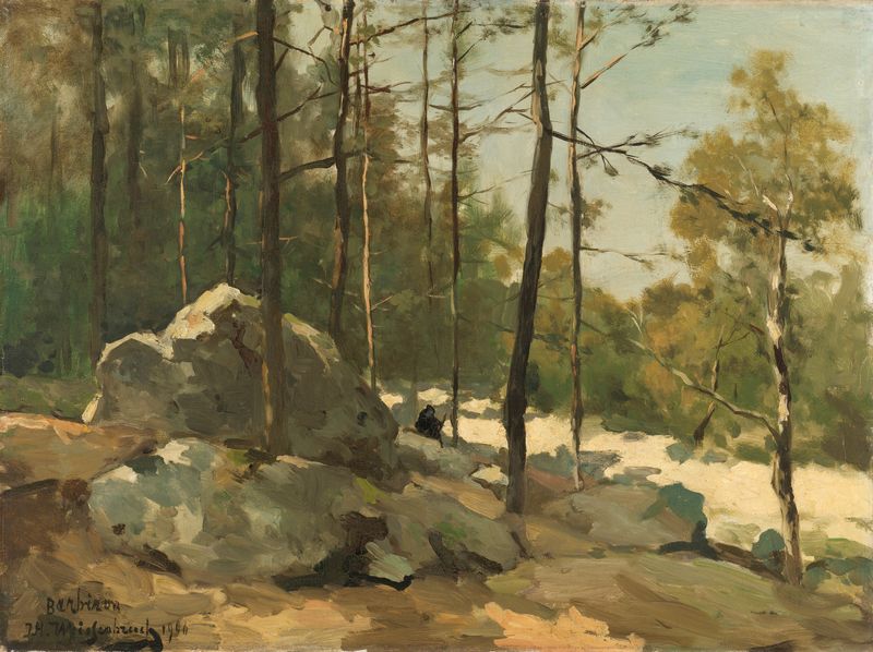 Pintura a óleo de Johan Hendrik Weissenbruch retratando uma floresta de bétulas com um artista esboçando.