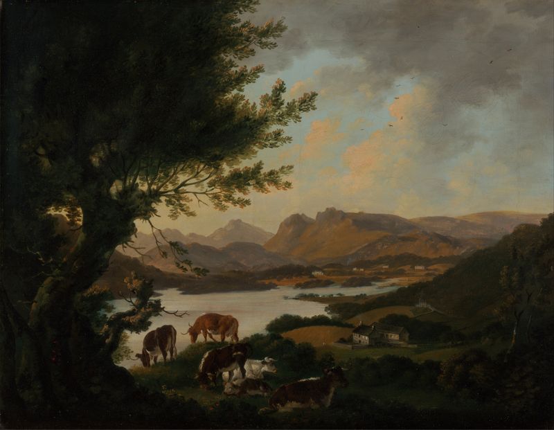 Lake Windermere by Julius Caesar Ibbetson, oil painting of serene waters and hills.