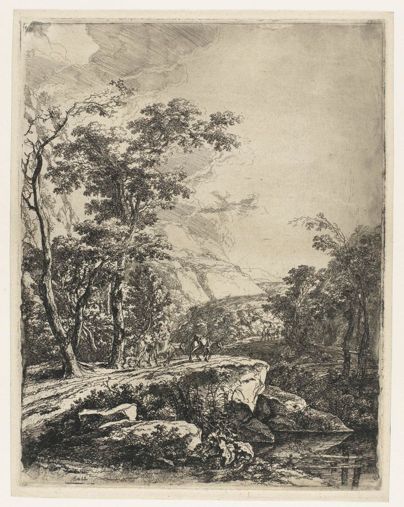 Paisaje con una mujer montando un mulo a lo largo del Aqua Negro, grabado de Jan Both