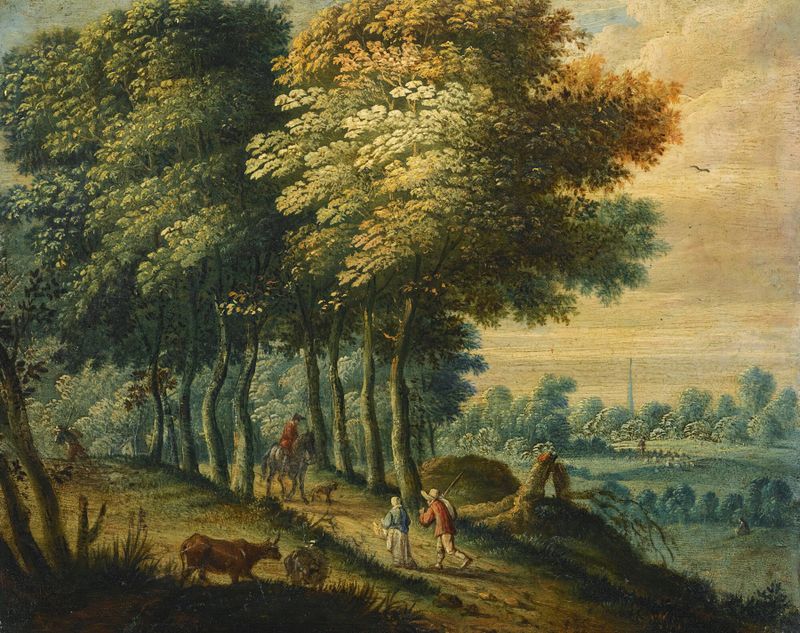 Bosky Landscape With Figures, óleo sobre tela da Escola Flamenga, figuras entre folhagens exuberantes e luz do sol.