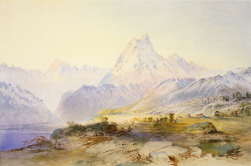 Landscape of Mount Cook by John Gully, oil painting depicting mountains and sky