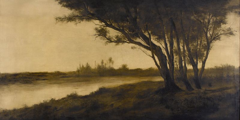 Paysage de Frédérick Juncker, pintura al óleo que representa un paisaje sereno con colinas y un atardecer.