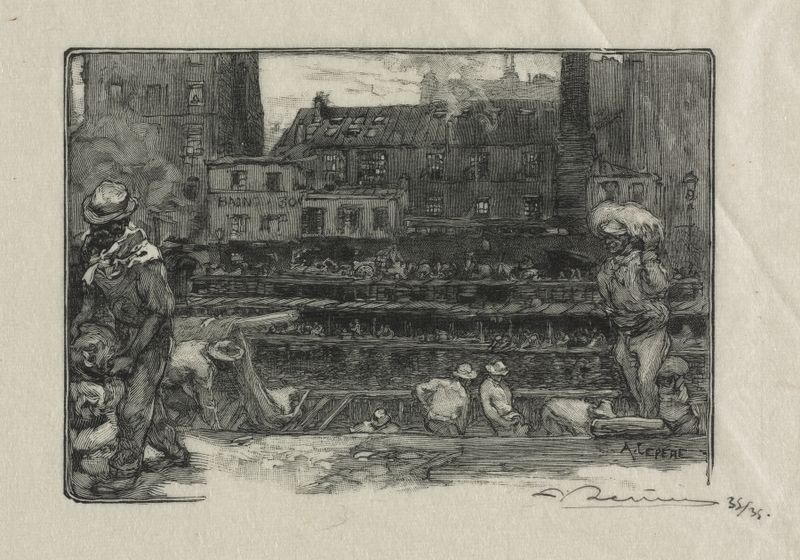 Escena de género que muestra figuras descargando yeso, Auguste Louis Lepère, pintura al óleo
