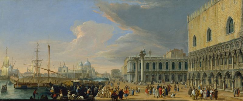 The Molo, Venice, Looking West de Luca Carlevarijs, óleo sobre tela