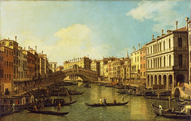 Venecia, el Gran Canal óleo de Canaletto, con el Palazzo Dolfin-Manin y el Puente de Rialto.