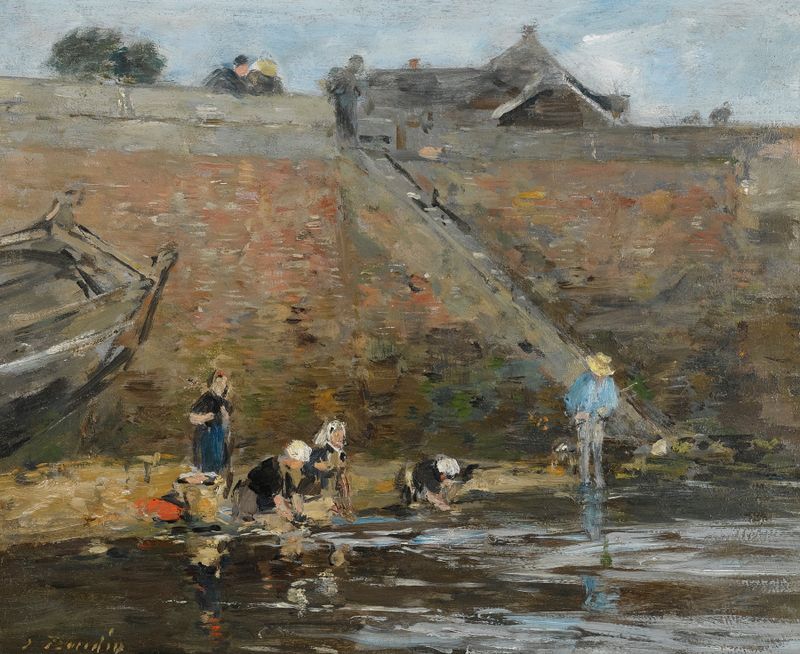Cena de gênero retratando mulheres à beira do rio, pintura a óleo de Eugène Boudin