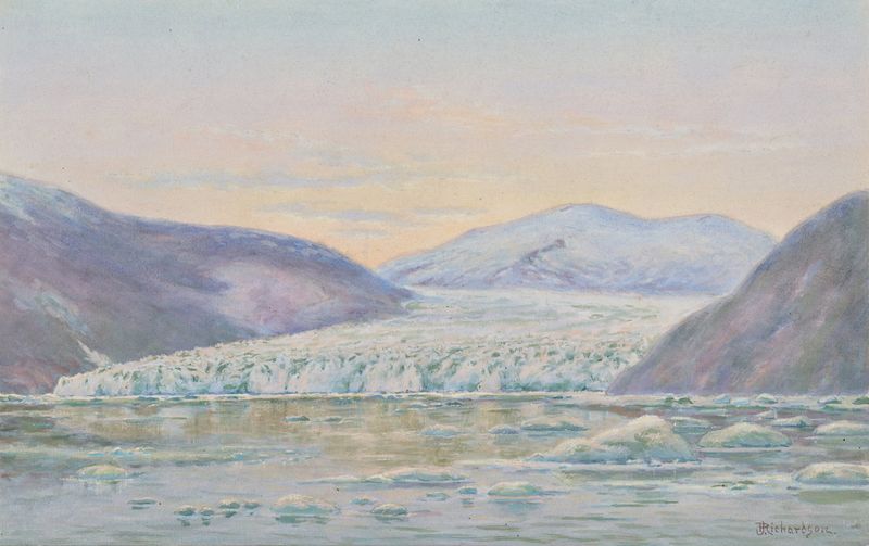 Taku Glacier, Evening by Theodore J. Richardson, oil on canvas depicting a sunset over a glacier.