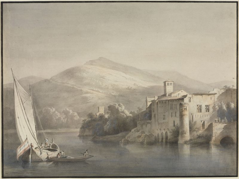 Paisaje con río y barcos, pintura al óleo de Jean-Jacques de Boissieu