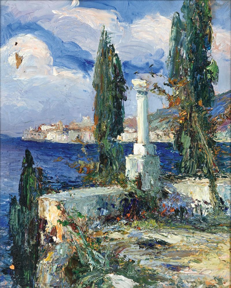 A View of Dubrovnik, oil on canvas by Leontine von Littrow, featuring sunset over the city and ocean.