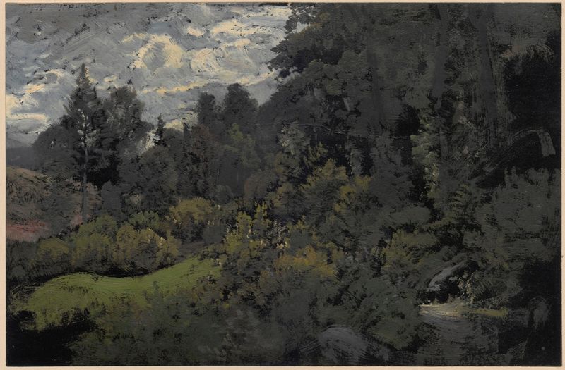 Hill overgrown with trees de Adolf Dressler, pintura a óleo que retrata uma paisagem exuberante com folhagem densa.