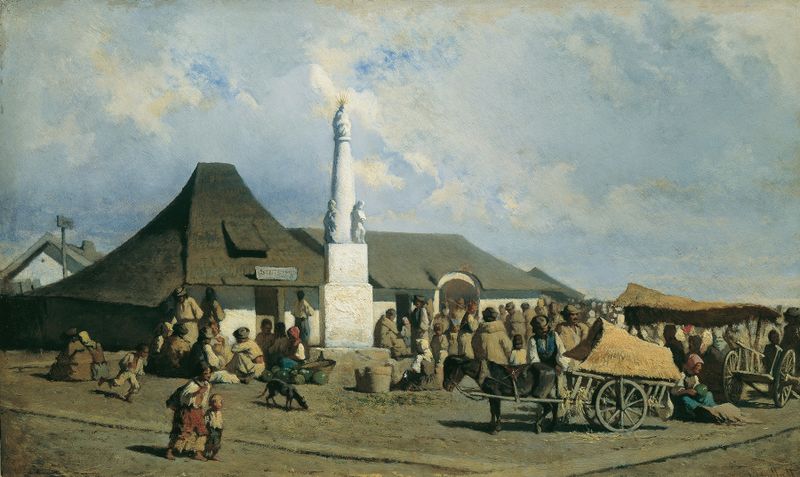 Escena de género que muestra un mercado con figuras bulliciosas, óleo de Johann Gualbert Raffalt