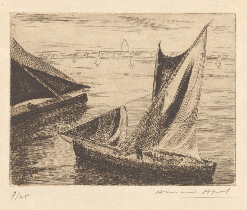 Marseille. Tartanes by Armand Apol, Impressionism, depicting a colorful tartane sailing in a vibrant harbor.
