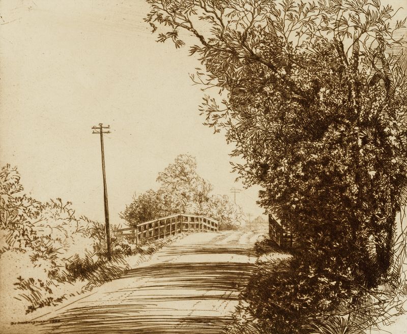 Iden Roadside de Donald Shaw MacLaughlan, óleo sobre tela retratando uma paisagem tranquila.