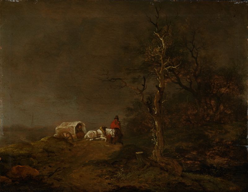 Gewitterlandschaft mit Bauernwagen by Ferdinand Kobell, oil painting depicting a stormy landscape with a rustic cart.