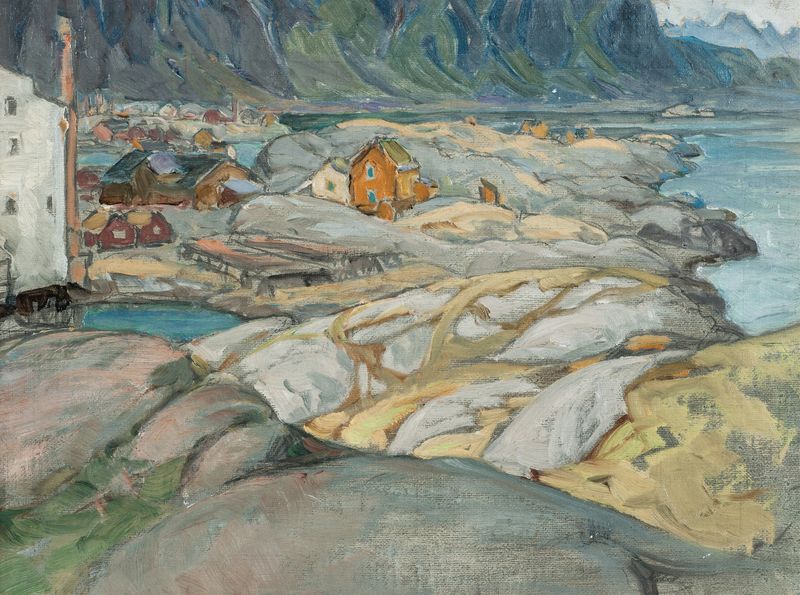 Paisaje con cabañas y montañas, óleo de Anna Boberg