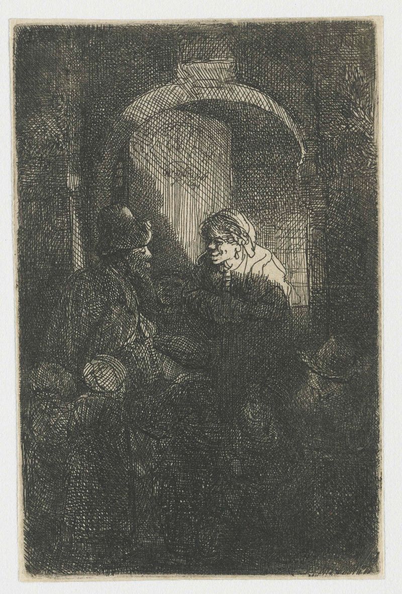 Músico de hurdy-gurdy con niños en una casa, grabado de Rembrandt van Rijn
